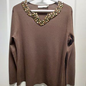 BETA'S CHOICE Women's Brown Heavily Beaded Neckline L/S Sweater - Size Medium
